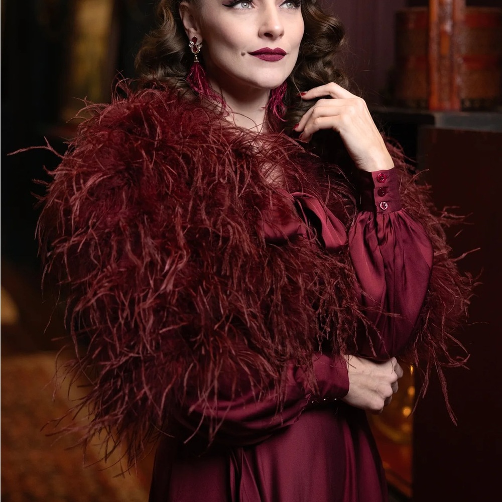 OSTRICH FEATHER BOLERO JACKET - SCARLET STARLET Elegant Burgundy Feathered Shawl